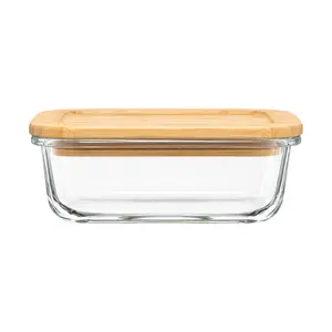 Hộp Thủy Tinh Chữ Nhật Nắp Tre, Nikko Rectangle Glass Container, 640ml (170 x 125 x 59mm) - INOCHI