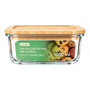 Hộp Thủy Tinh Chữ Nhật Nắp Tre, Nikko Rectangle Glass Container, 1050ml (198 x 148 x 65mm) - INOCHI