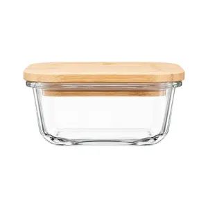 Hộp Thủy Tinh Vuông Nắp Tre, Nikko Square Glass Container, 520ml (132 x 132 x 61mm) - INOCHI
