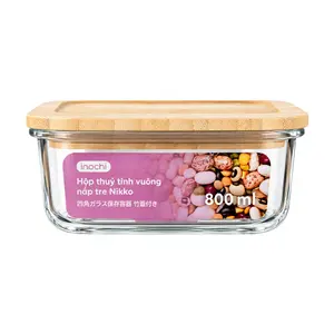 Hộp Thủy Tinh Vuông Nắp Tre, Nikko Square Glass Container, 800ml (155 x 155 x 69mm) - INOCHI