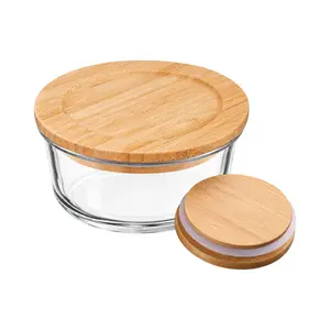 Hộp Thủy Tinh Tròn Nắp Tre, Nikko Round Glass Container, 950ml (171 x 171 x 72mm) - INOCHI