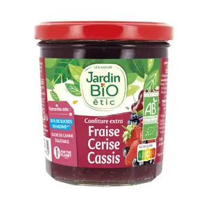 Mứt Dâu Tây, Cherry & Lý Chua Đen Ít Đường Hữu Cơ, Confiture Extra Fraise, Cerise, Cassis, Strawberry, Cherry & Blackcurrant Jam, 30% Less Sugar (320g) - JARDIN BIO