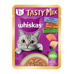 Thức Ăn Cho Mèo Vị Thịt Gà, Cá Hồi & Rong Biển, Cat Food, Tasty Mix with Chicken, Salmon & Wakame Seaweed in Gravy, 1+ Tuổi (70g) - WHISKAS