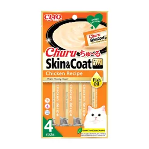 Súp Thưởng Vị Gà & Dầu Cá, Ciao, Churu Skin & Coat, Chicken Recipe with Fish Oil, 4 Gói (56g) - INABA FOODS