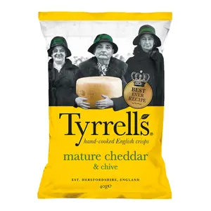 Khoai Tây Chiên Vị Phô Mai Cheddar & Hẹ, Hand-Cooked Crisps, Mature Cheddar & Chive (40g) - TYRRELLS