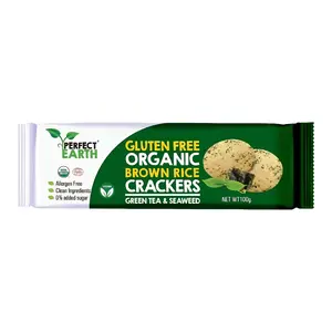 Bánh Gạo Vị Trà Xanh & Rong Biển Hữu Cơ, Gluten Free Organic Brown Rice Crackers, Green Tea & Seaweed (100g) - PERFECT EARTH