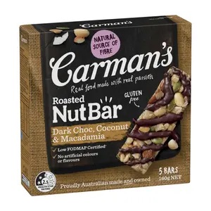 Thanh Hạt Socola Đắng, Dừa & Macca, Roasted Nut Bars, Dark Choc, Coconut & Macadamia, 5 Thanh (160g) - CARMAN'S