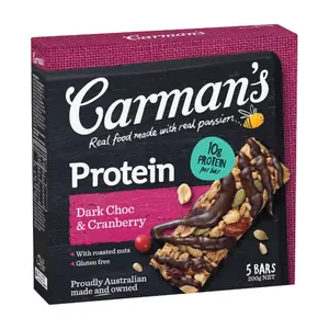 Thanh Năng Lượng Socola Đắng & Nam Việt Quất, Protein, Dark Choc & Cranberry, 5 Thanh (200g) - CARMAN'S
