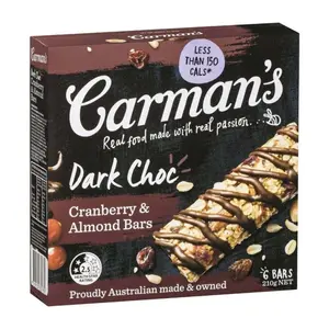 Thanh Nam Việt Quất & Hạnh Nhân Phủ Socola Đắng, Dark Choc, Cranberry & Almond Bars, 6 Thanh (210g) - CARMAN'S