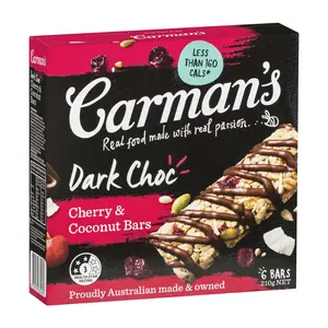 Thanh Anh Đào & Dừa Phủ Socola Đắng, Dark Choc, Cherry & Coconut Bars, 6 Thanh (210g) - CARMAN'S
