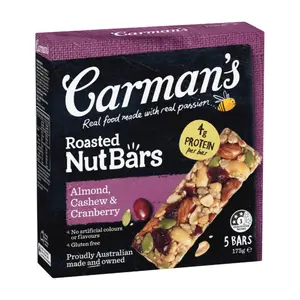 Thanh Hạt Hạnh Nhân, Hạt Điều & Nam Việt Quất, Roasted Nut Bars, Almond, Cashew & Cranberry, 5 Thanh (175g) - CARMAN'S