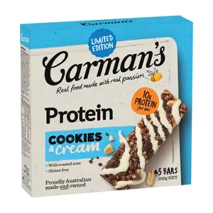 Thanh Năng Lượng Cookie & Cream, Protein, Cookies & Cream, Limited Edition, 5 Thanh (200g) - CARMAN'S