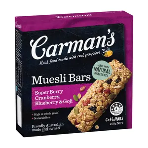 Thanh Ngũ Cốc Quả Mọng, Muesli Bars, Super Berry Cranberry Blueberry & Goji, 6 Thanh (270g) - CARMAN'S