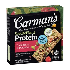 Thanh Năng Lượng Mâm Xôi & Hạt Dẻ Cười, Seed & Plant Protein, Raspberry & Pistachio, 5 Thanh (150g) - CARMAN'S