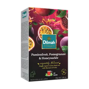 Trà Đen Chanh Dây, Lựu & Kim Ngân Hoa, Passionfruit, Pomegranate & Honeysuckle Flavoured Ceylon Black Tea, 20 Túi Trà, 1.06 oz (30g) - DILMAH