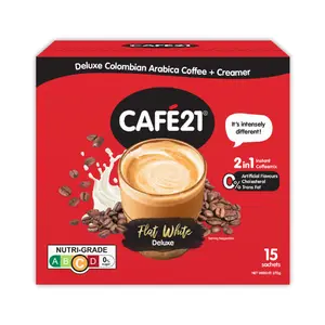Cà Phê Hòa Tan, Flat White Deluxe, 2 in 1 Instant Coffee Mix, Colombian Arabica Coffee with Creamer, 15 Gói (270g) - CAFE21