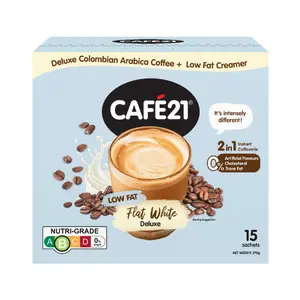 Cà Phê Hòa Tan, Low Fat Flat White Deluxe, 2 in 1 Instant Coffee Mix, Colombian Arabica Coffee with Low Fat Creamer, 15 Gói (270g) - CAFE21