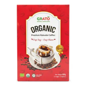 Cà Phê Robusta Hữu Cơ Phin Giấy, Organic Premium Robusta Coffee, 6 Gói (60g) - GRATO